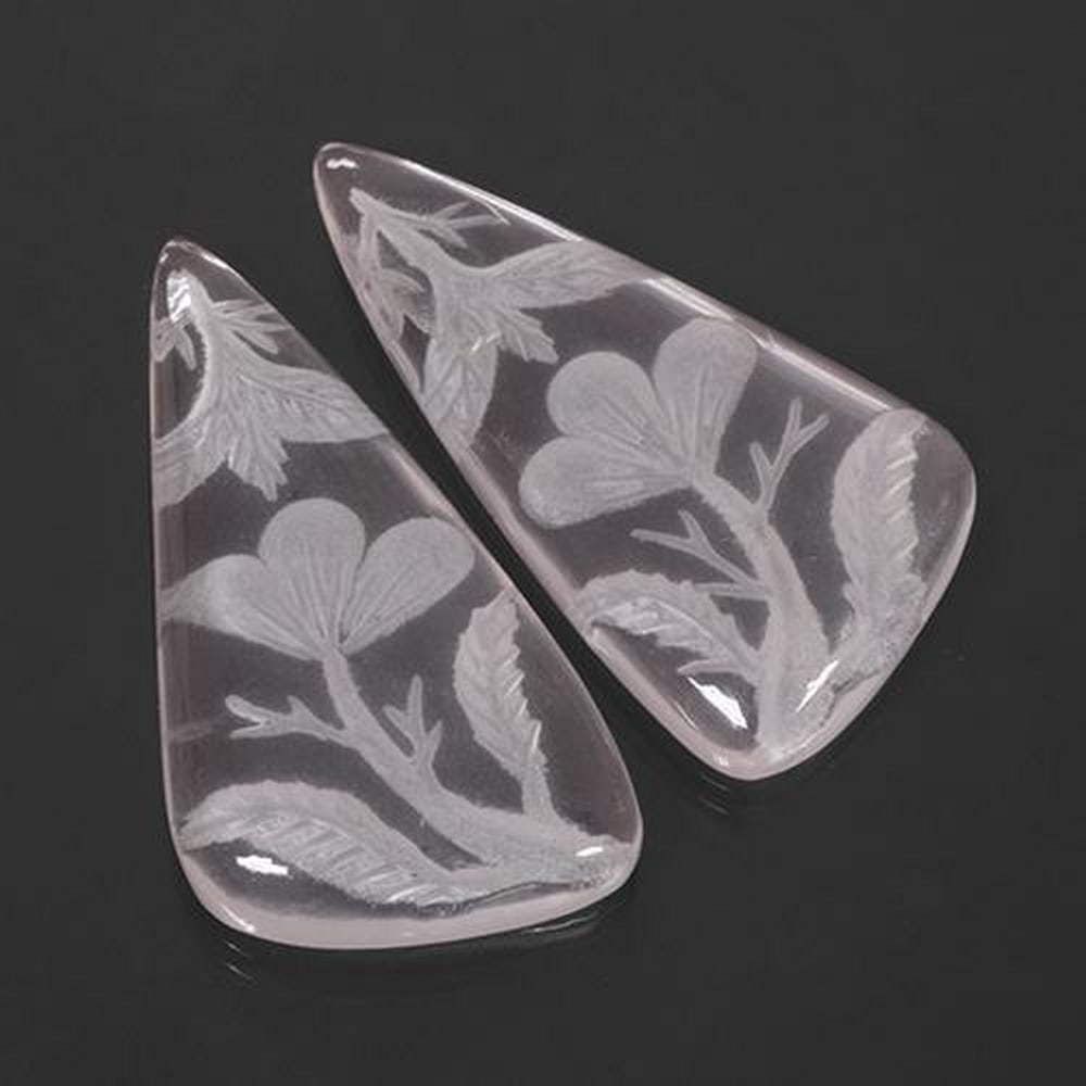 Rose Quartz 2pc Matching Set - 35.5ct Total Weight: 2pc Rose Quartzs - Matching set One of a kind matching rose quartz with beautiful design. Very suitable for an earring set. Crystal clear design. Rose Quartz promotes feelings of self love. Size 33.6