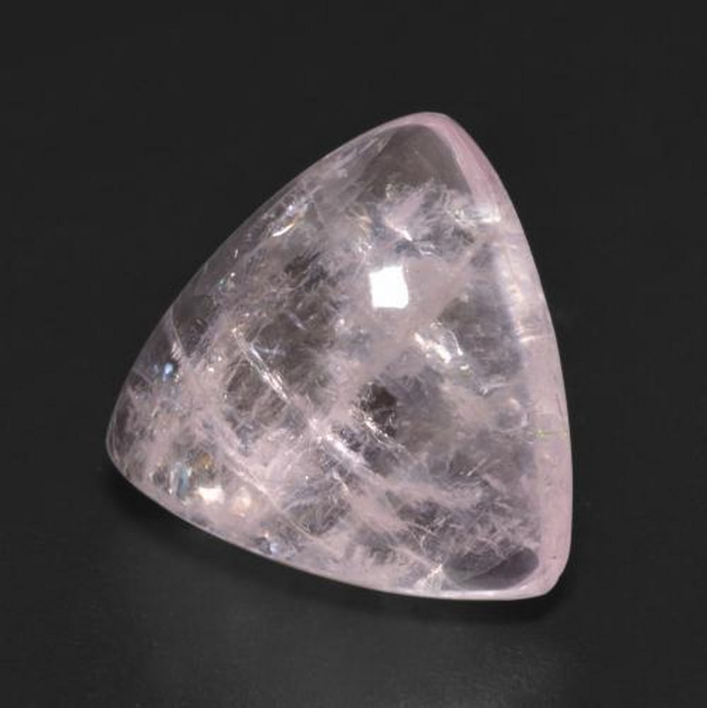 7.59ct Trillion Cabochon "Icy Shard" Pink Morganite: 7.59ct Trillion Cabochon Pink Morganite Morganite calms the mind and help create a sense of tranquility. 7.59ct Dimension 14.2 x 13.7mm Transparent Clarity, 1 piece Morganite in Coral Pink Color Mohs