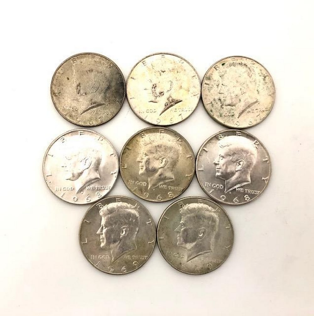 Three 1967, Three 1968 & Two 1969 United States Of America Half Dollar Coins: Three 1967, Three 1968 & Two 1969 United States Of America Half Dollar Coins. Obverse Profile of John Fitzgerald Kennedy facing left Lettering: LIBERTY GR IN GOD WE TRUST 1967, 1968 & 1969