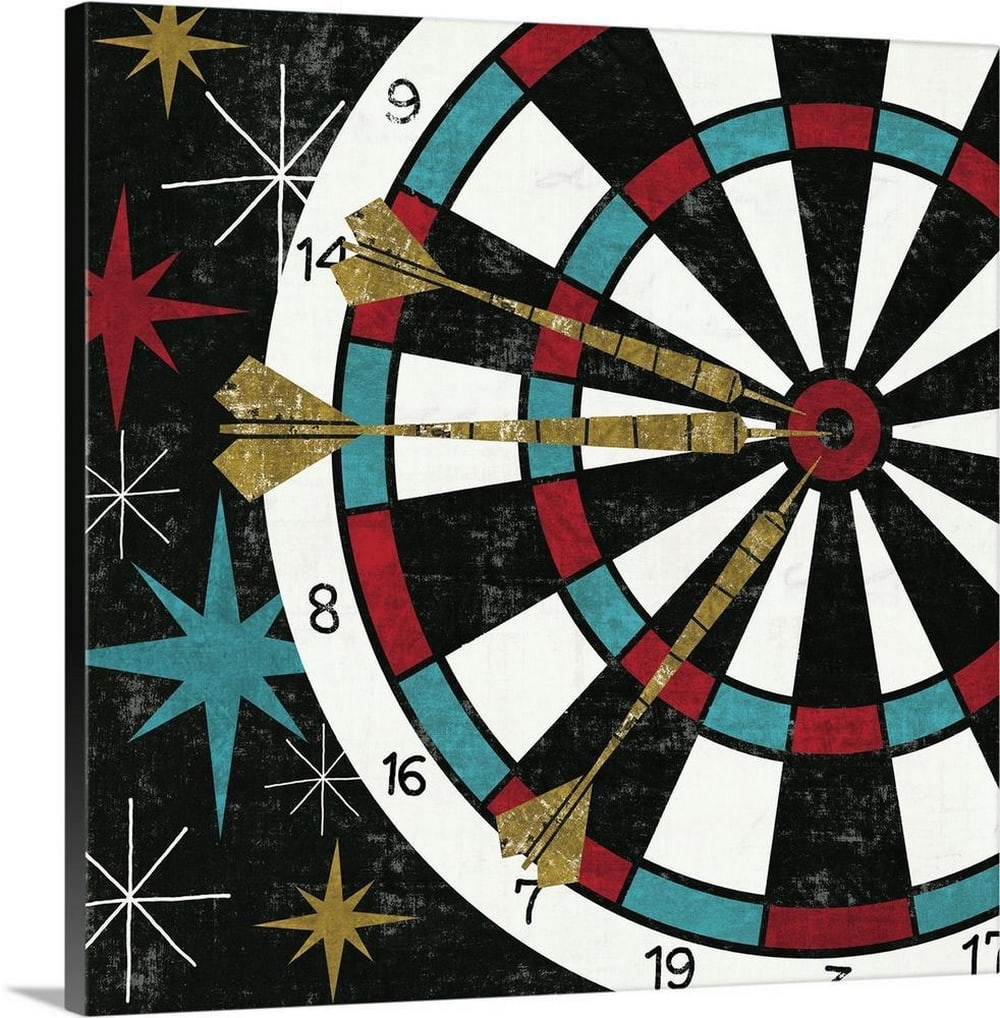 Vegas Darts Canvas Reproduction: Vegas Darts Canvas Reproduction Graphic-style wall art depicting a bold dartboard design with a Las Vegas theme. The composition combines playful typography and vibrant colors, creating a lively