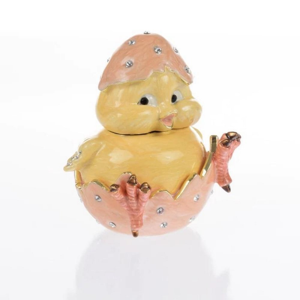 Cute Chick Hatching Trinket Box: Cute Chick Hatching Trinket Box Enamel Painted Trinket Box Decorated with Austrian Crystals A wonderful handmade chick hatches from an egg Trinket Box. This piece is a unique one-of-a-kind piece made 
