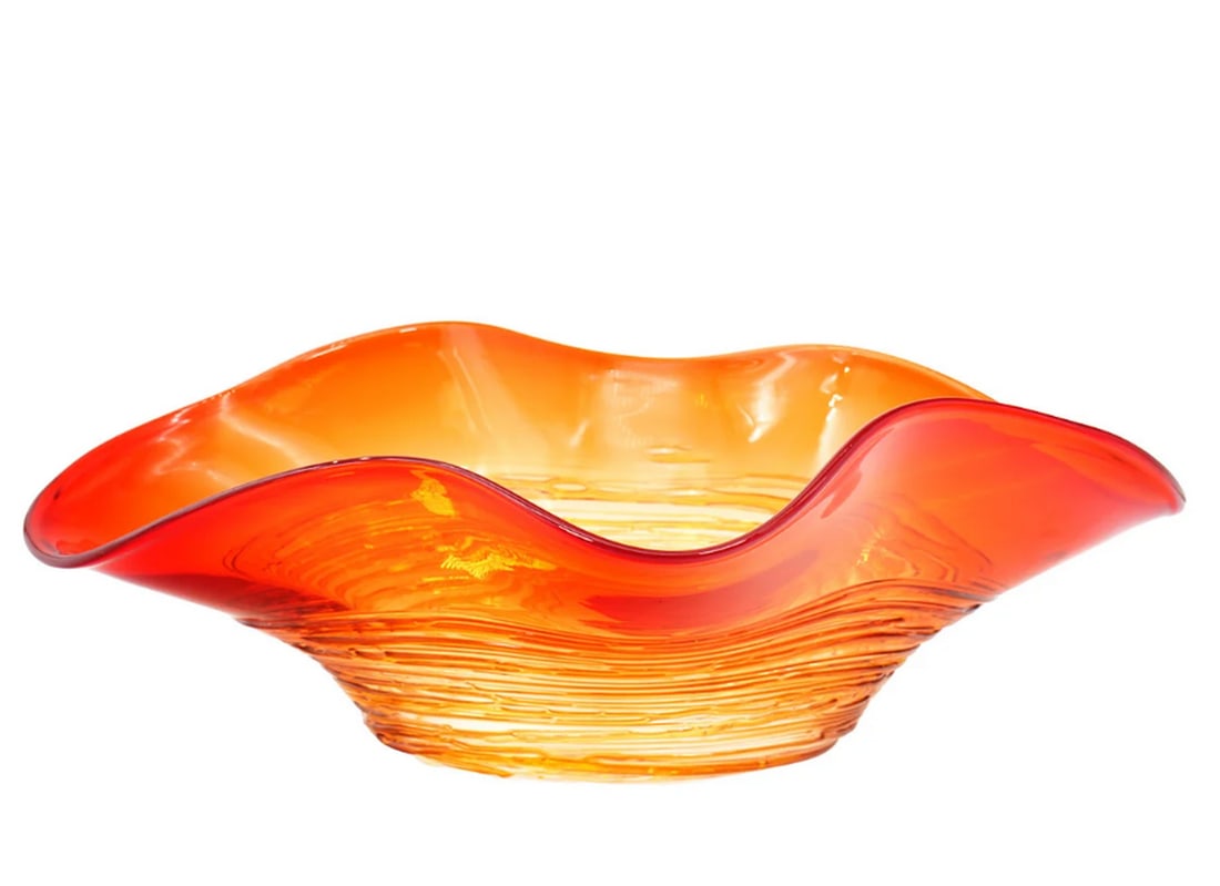 Crimson & Amber Sombrero Blown Murano Glass Bowl: Crimson & Amber Sombrero Blown Murano Glass Bowl This exquisite bowl centerpiece features a vibrant mix of black, red, and amber colors in transparent glass. Created using the unique "sbruffi&