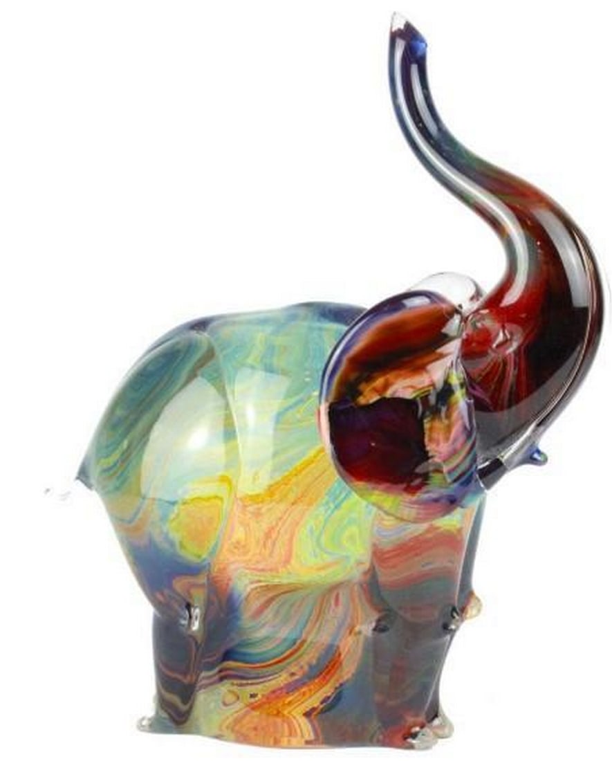 Chalcedony Murano Glass Elephant Dreamer Sculpture: Chalcedony Murano Glass Elephant Dreamer Sculpture With its peaceful stance and upward gaze, this Murano glass elephant—crafted in swirling tones of chalcedony—evokes a quiet sense of wonder. The 