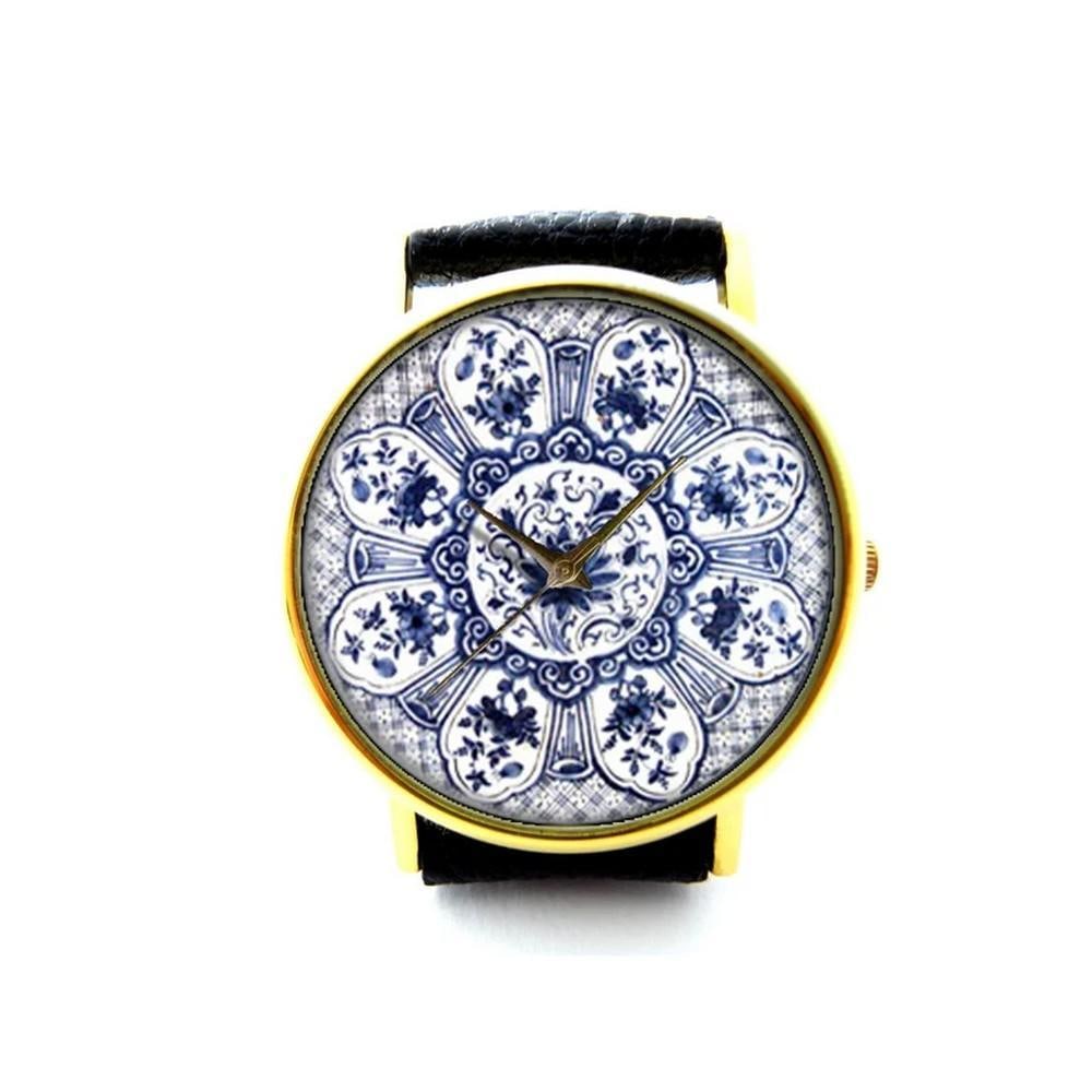 Unique Porcelain Pattern Watch Blue Floral & Geometric Dial with Gold Bezel & Black Leather Band: Unique Porcelain Pattern Watch Blue Floral & Geometric Dial with Gold Bezel & Black Leather Band A refined and artistic timepiece inspired by the elegance of traditional ceramic design. This u