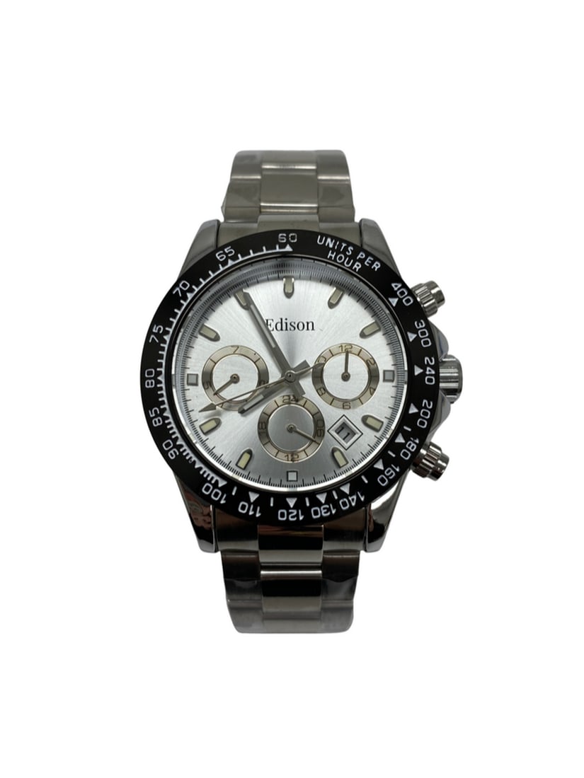 Edison Stainless Steel Gloss Finish & Stainless Steel Link Chronograph Watch: Edison Stainless Steel Gloss Finish & Stainless Steel Link Chronograph Watch. A true luxury watch has the ability to elevate your game and this watch is ready when you need to work the room. This 