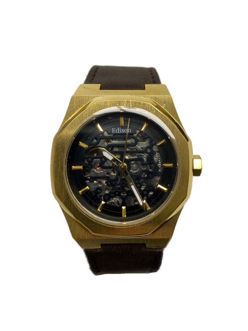 Mens Edison Brushed Gold & Genuine Leather Band Skeleton Watch: Mens Edison Brushed Gold & Genuine Leather Band Skeleton Watch. The hard angles make this Edison timepiece cool enough to wear everyday, and edgy enough to get you noticed anywhere you go. This pi