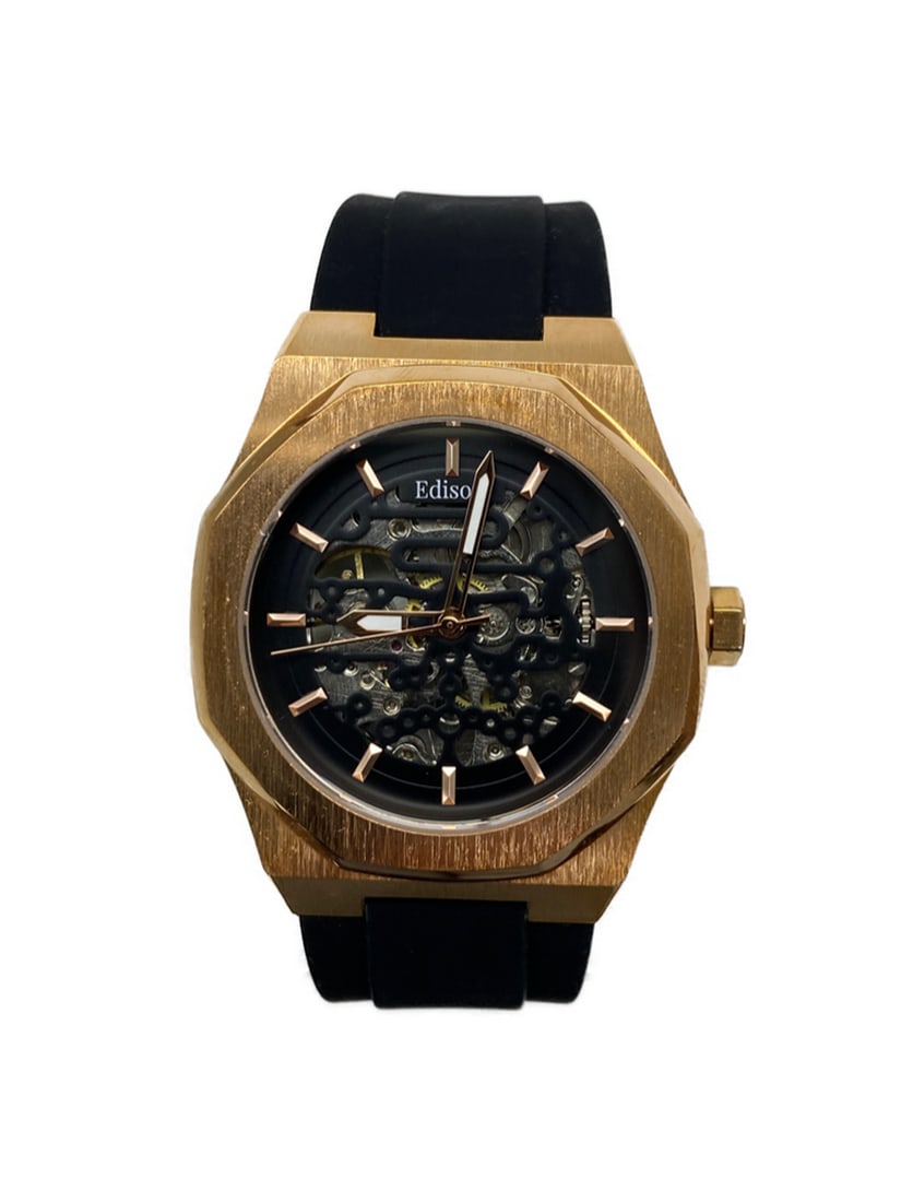 Mens Edison Brushed Copper Finish & Black Rubber Band Skeleton Watch: Mens Edison Brushed Copper Finish & Black Rubber Band Skeleton Watch. No matter what you choose, you can’t go wrong with this men’s Edison watch. This watch has a octagon design, displaying a 