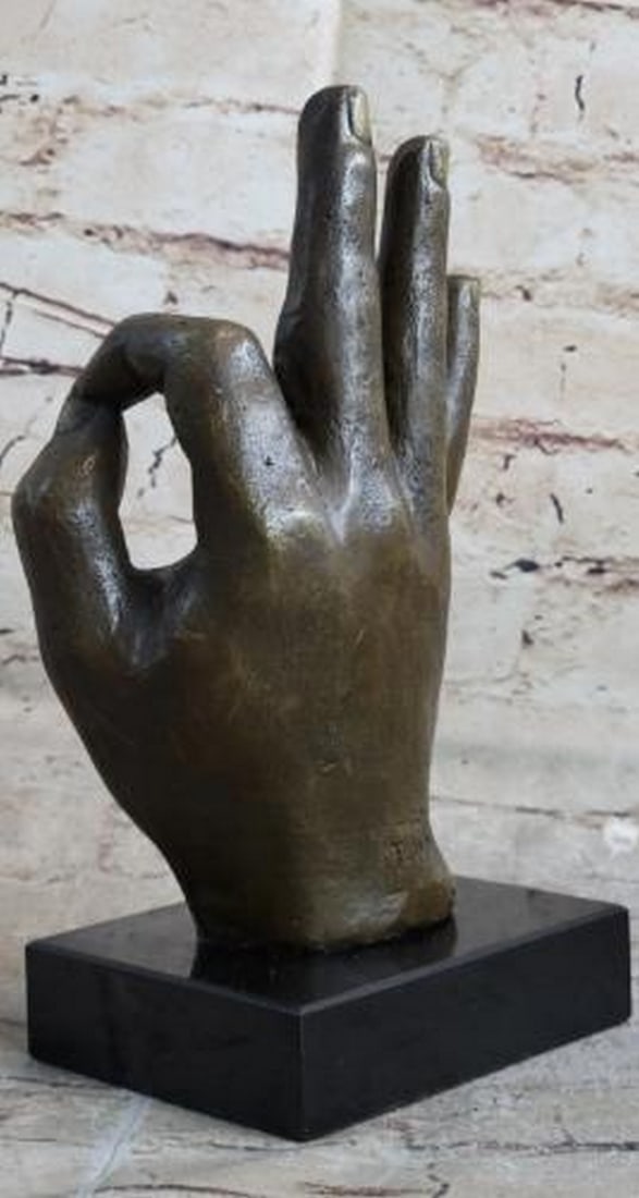 OK Hand Gesture Bronze Sculpture: OK Hand Gesture Bronze Sculpture Confident and contemporary, this is a striking modern abstract bronze sculpture depicting the iconic OK hand gesture, rendered with smooth lines and bold form. The min