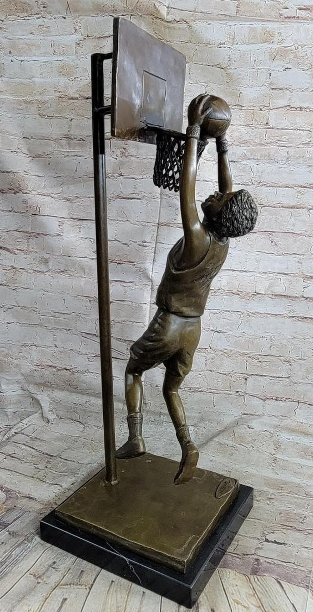 Basket Ball Player Slam Dunking Original Bronze Statue - 29" x 10": Basket Ball Player Slam Dunking Original Bronze Statue - 29" x 10" This bronze statue captures a basketball legend in mid-air, just moments before a powerful dunk. With the ball in his hands, 