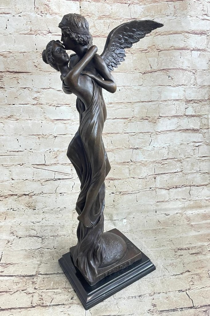 Signed Original Loving Angel Couple Bronze Sculpture On Marble Base - 21" x 7": Signed Original Loving Angel Couple Bronze Sculpture - 21" x 7" Lost In A Moment Of Serenity And Grace This Couple Forgets The Worlds And Gets Swept Up In The Winds Of Love And Lets An Uncontr