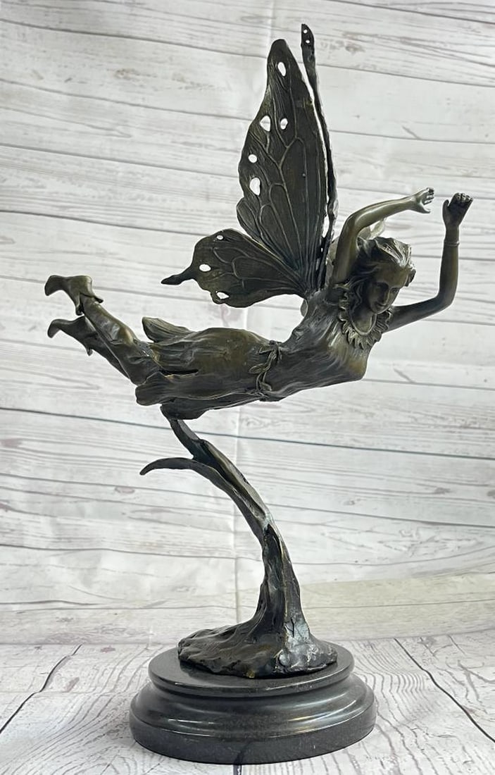 Signed Original Flying Angel Fairy Bronze Sculpture On Marble Base - 16" x 13": Signed Original Flying Angel Fairy Bronze Sculpture - 16" x 13" A Fairy Flies from Heaven. She hails from from the heavens and fights for the salvation of our world as well as his from darknes