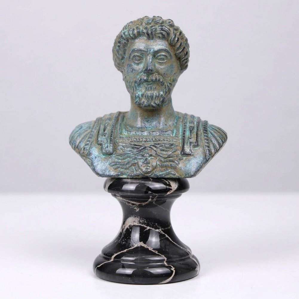 Marcus Aurelius Bust Bronze Sculpture with Green Patina - (1.1lbs): Marcus Aurelius Bust Bronze Sculpture with Green Patina - (1.1lbs) A finely detailed reduction of the marble original from the Saint-Raymond Museum, this bust depicts Marcus Aurelius in military armor