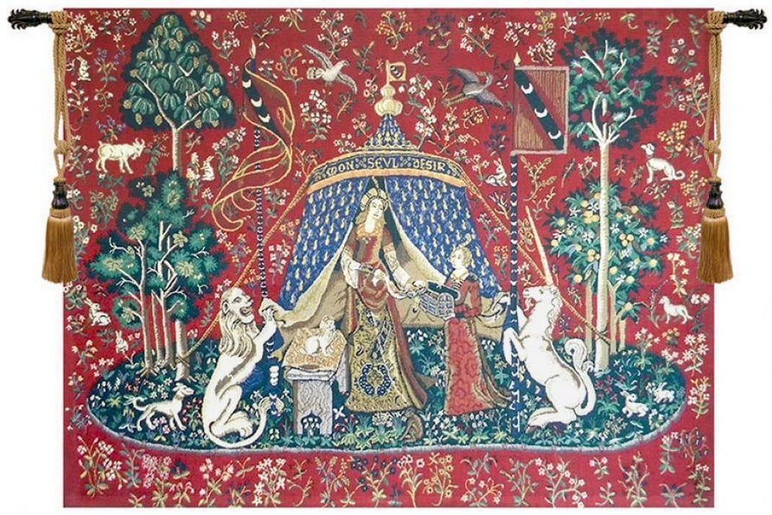 Lady and the Unicorn Inspired Wall Tapestry: Lady and the Unicorn Inspired Wall Tapestry This beautifully crafted tapestry showcases the iconic Lady and the Unicorn imagery, depicting the noble lady before her pavilion with her maidservant, fram