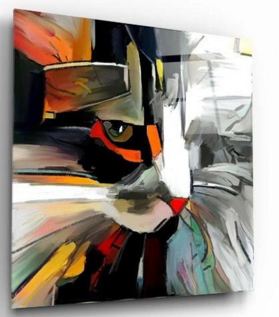 Tempered Glass Wall Art : Abstract Cat Portrait in Bold Strokes: Tempered Glass Wall Art : Abstract Cat Portrait in Bold Strokes This vibrant tempered glass wall art showcases a stylized cat face brought to life with expressive, thick brushstrokes in a mix of bold,