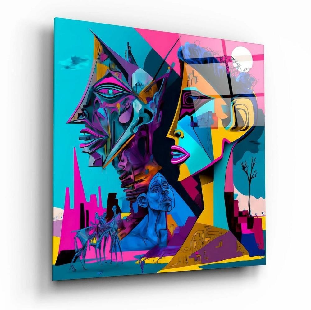 Abstract Mind Inspired Tempered Glass Wall Art: Abstract Mind Inspired Tempered Glass Wall Art This tempered glass wall art features a cubist-inspired composition with fragmented forms and layered perspectives, inspired by the style of Pablo