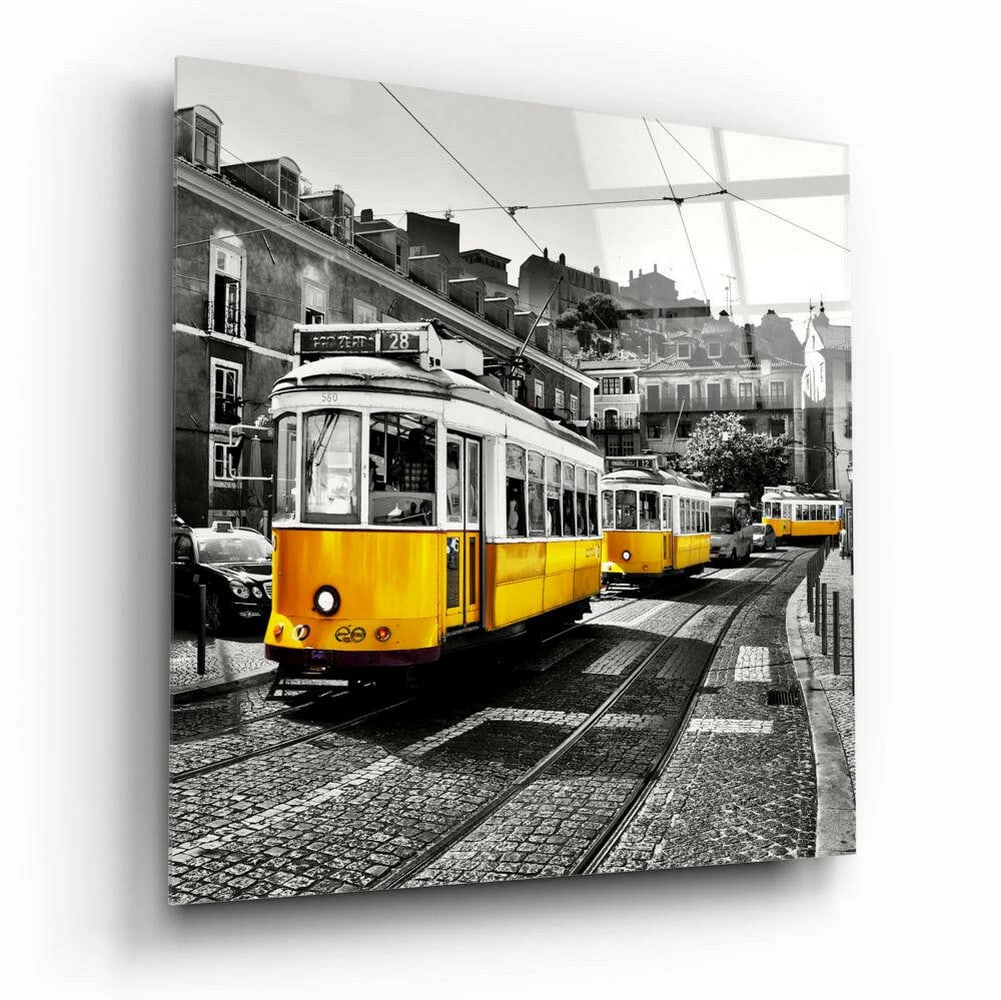 Lisbon Tram in Yellow Tempered Glass Wall Art (1 of 1)