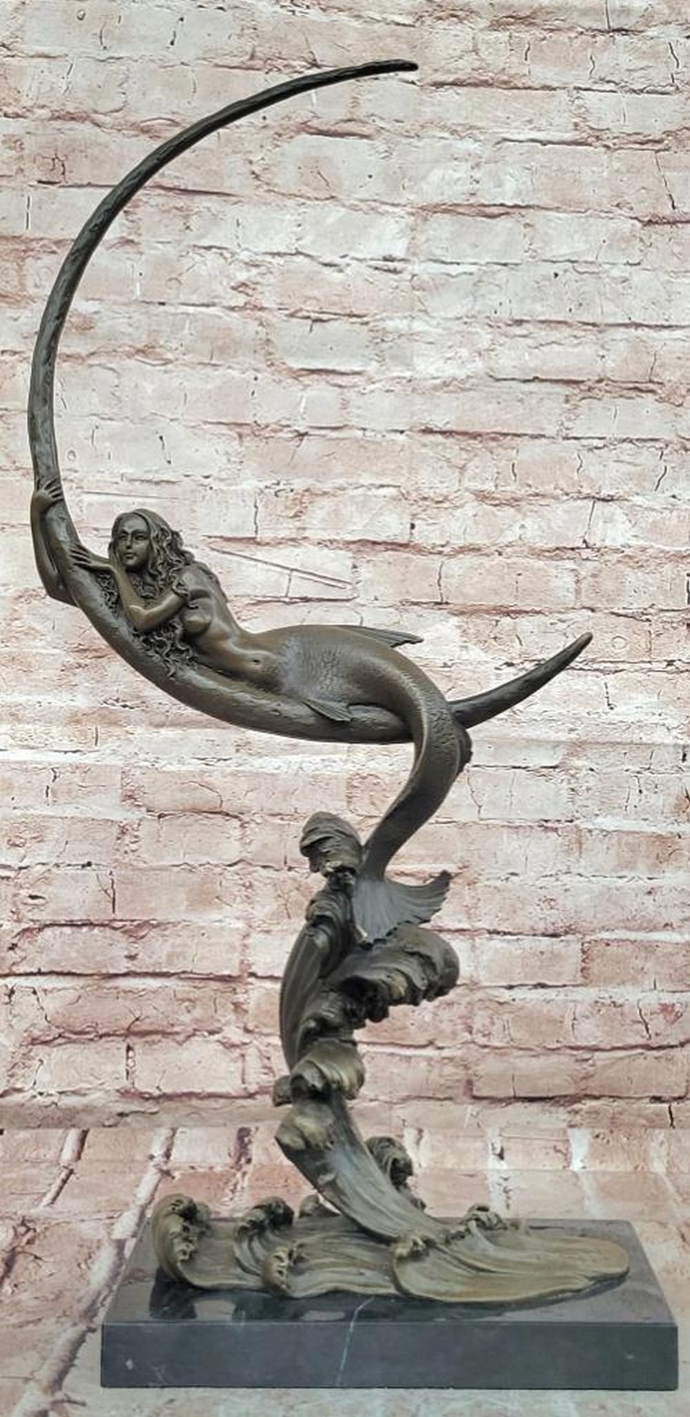 Mermaid on Half Moon Bronze Sculpture by Milo - 27" x 14": Mermaid on Half Moon Bronze Sculpture by Milo - 27" x 14" This signed original Milo bronze sculpture depicts a graceful mermaid resting upon a crescent moon, capturing elegance, movement, and 