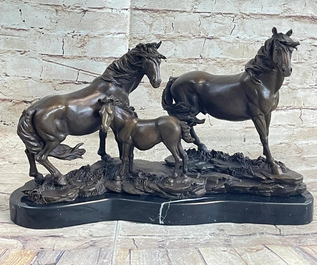 Mare and Foal Bronze Sculpture on Marble Base in the Style of Mene - 16" x 10": Mare and Foal Bronze Sculpture on Marble Base in the Style of Mene - 16" x 10" This bronze sculpture depicts a mare and her foal in a naturalistic composition, capturing a moment of movement a