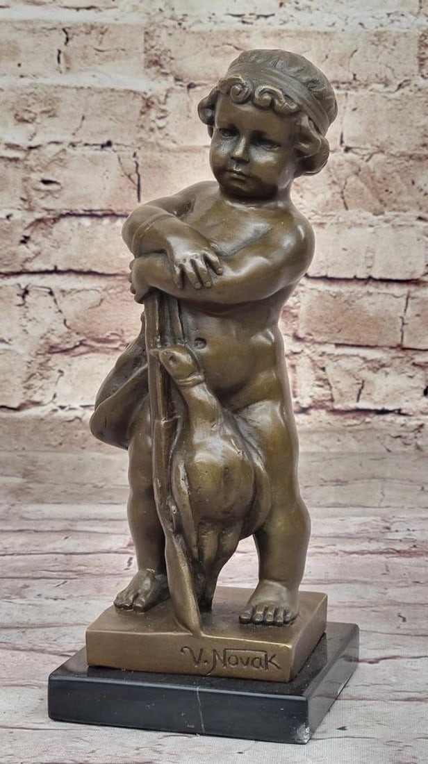 Child with Duck Bronze Sculpture on Marble Base in the Style of V. Novak - 9.5" x 4": Child with Duck Bronze Sculpture on Marble Base in the Style of V. Novak - 9.5" x 4" This bronze sculpture depicts a child interacting with a duck while holding a rifle, combining narrative el