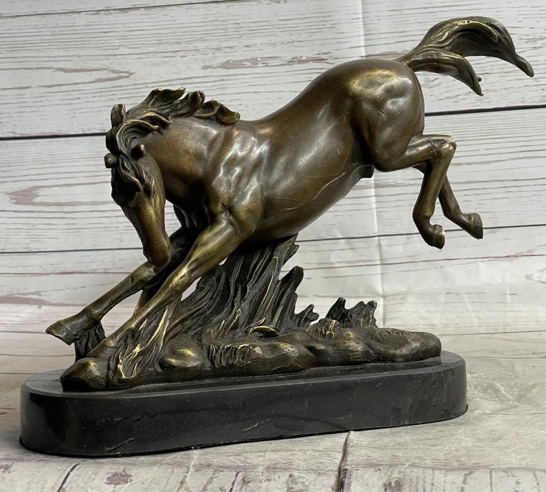 Signed Original Fierce Horse Bronze Sculpture On Marble Base- 9" x 13": Signed Original Fierce Horse Bronze Sculpture On Marble Base- 9" x 13" Immerse yourself in the beauty and grace of nature with this exquisite bronze sculpture depicting a wild horse in all its