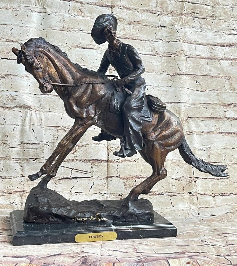 Frederic Remington Cowboy Bronze Statue Sculpture Country Western Art 17" x 21": Frederic Remington Cowboy Bronze Statue Sculpture Country Western Art 17" x 21" Step into the rugged world of the Old West with this captivating bronze sculpture that captures a seasoned cowbo