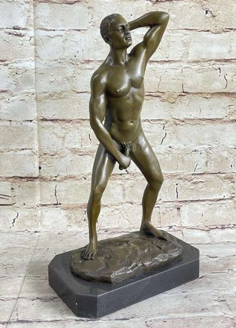 Masculine Allure Nude Male Bronze Sculpture: Masculine Allure Nude Male Bronze Sculpture This striking hot cast bronze sculpture features a nude male figure captured in a bold, sexually charged pose that radiates strength and confidence. Every d