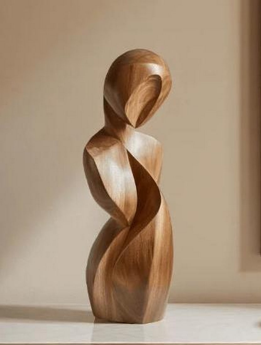 Abstract Wooden Figure Sculpture: Abstract Wooden Figure Sculpture A contemporary wooden sculpture defined by fluid, intertwined curves that suggest a stylized human form in motion. The minimalist design emphasizes organic movement an