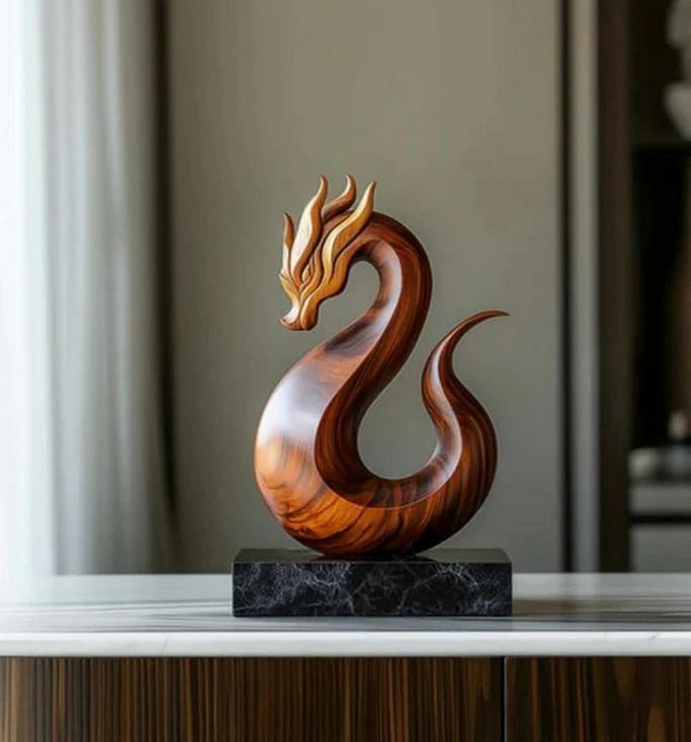 Hand-Carved Wooden Dragon Sculpture with Golden Accents: Hand-Carved Wooden Dragon Sculpture with Golden Accents Striking and majestic, this artisan-crafted wooden dragon sculpture captures a fluid sense of movement and elegance. The dragon’s sleek,