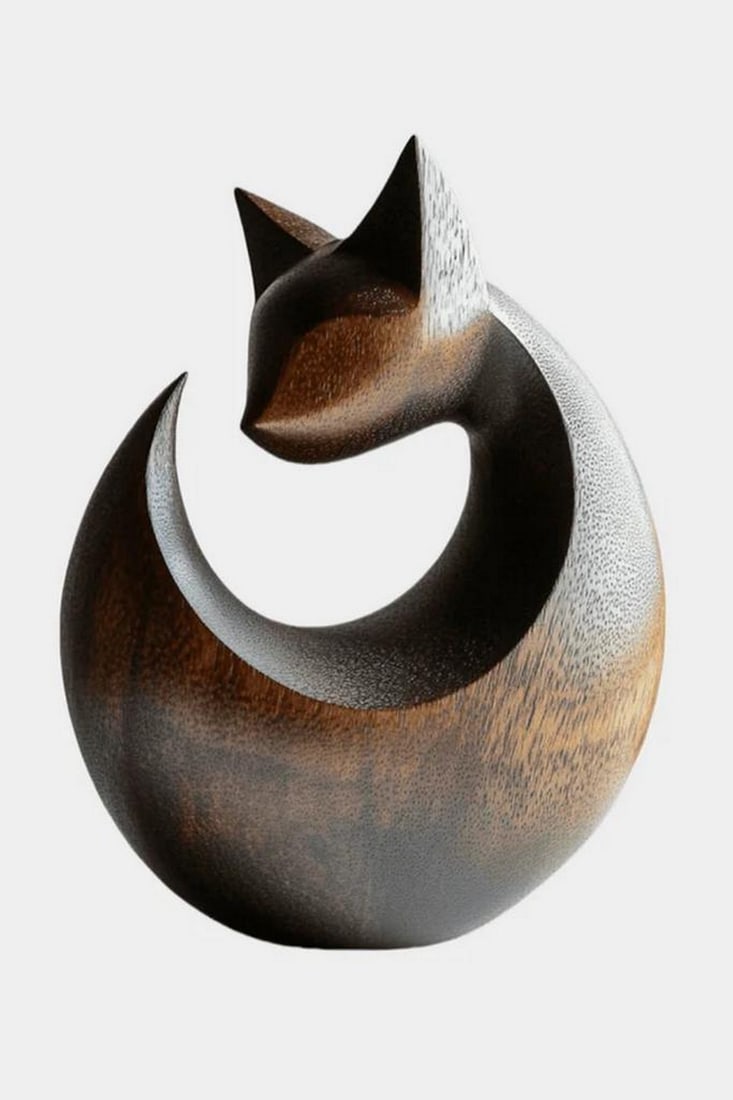 Hand-Carved Wooden Cat Sculpture: Hand-Carved Wooden Cat Sculpture Crafted from solid wood with a smooth, polished finish, this sculpture depicts a seated cat in a lifelike posture. The feline’s form is gently curved with subtle det