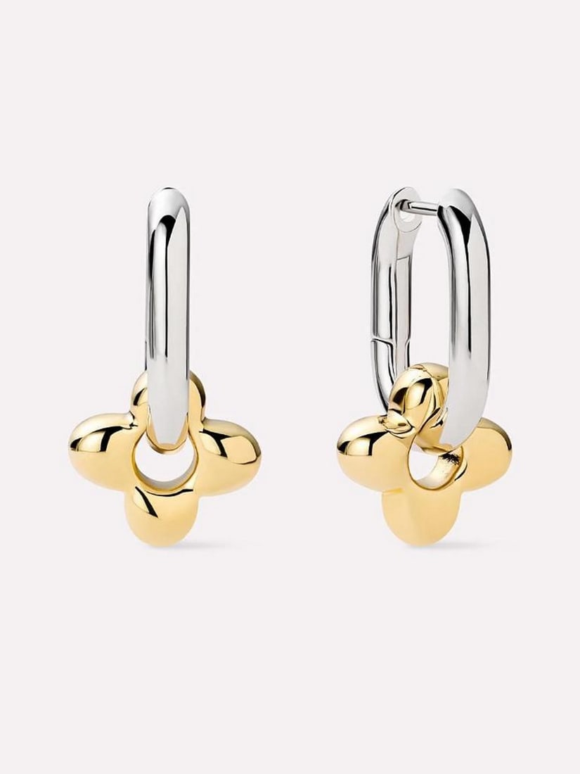 Gold-Dipped Teardrop Huggie Hoop Earrings: Mixed Metal Flower Hoop Earrings These earrings combine mixed-metal styling with a bold yet wearable design. Plated in both 14k gold and rhodium, they feature sleek hoops accented with puffy flower de