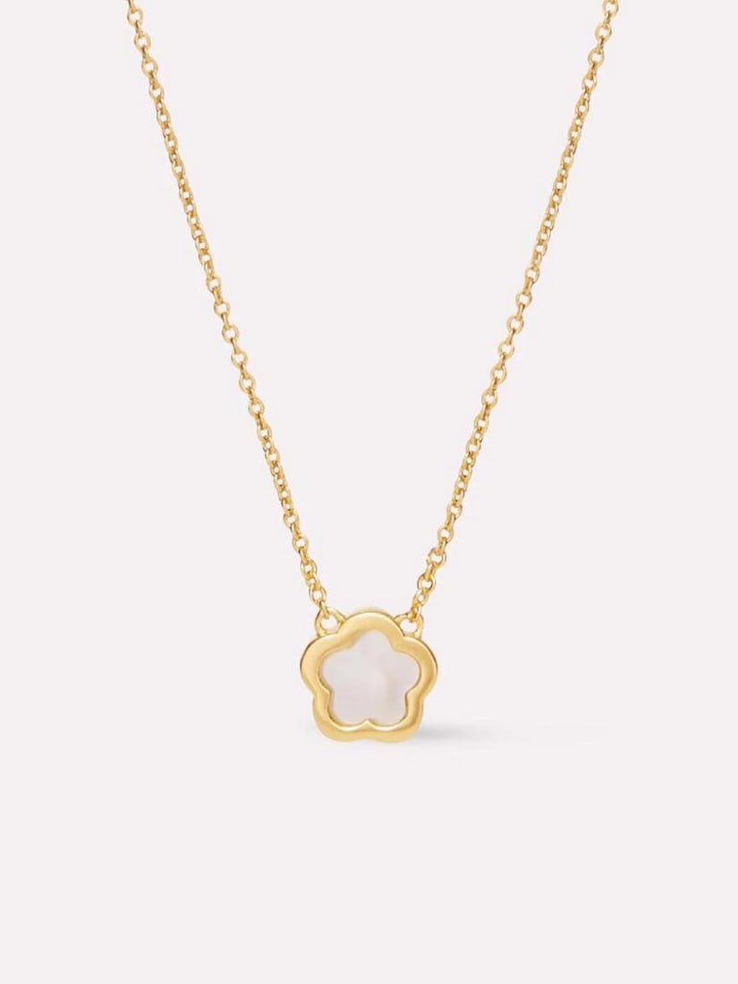 14K Gold-Dipped Mother-of-Pearl Flower Pendant Necklace: 14K Gold-Dipped Mother-of-Pearl Flower Pendant Necklace This elegant pendant necklace features a luminous Mother-of-Pearl flower framed in gleaming 14K gold over recycled Sterling Silver. With softly 