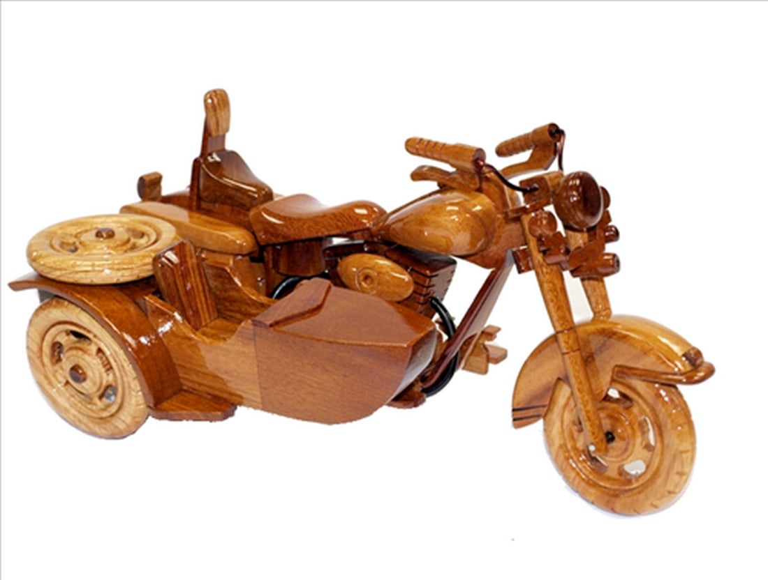 Harley Davidson with Side Car: Harley Davidson with Side Car This classic Harley is handcrafted from mahogany with a working kickstand and movable handlebars. This finely detailed replica is triple coated in high gloss polyurethane
