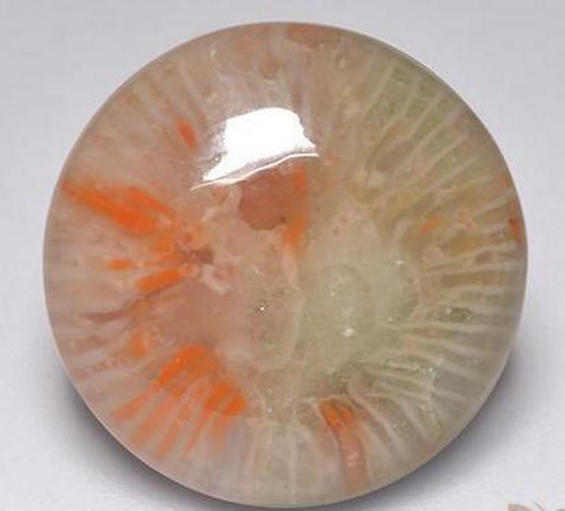 7.31 ct Round Coral Gemstone: 7.31 ct Round Coral Gemstone from Indonesia Type: Coral Weight: 7.31 ct 1 gem Approximate Size: 14.9 X 4.53 mm Shape: Round Cabochon Colour: MultiColour Clarity: Translucent Treatment: Untreated