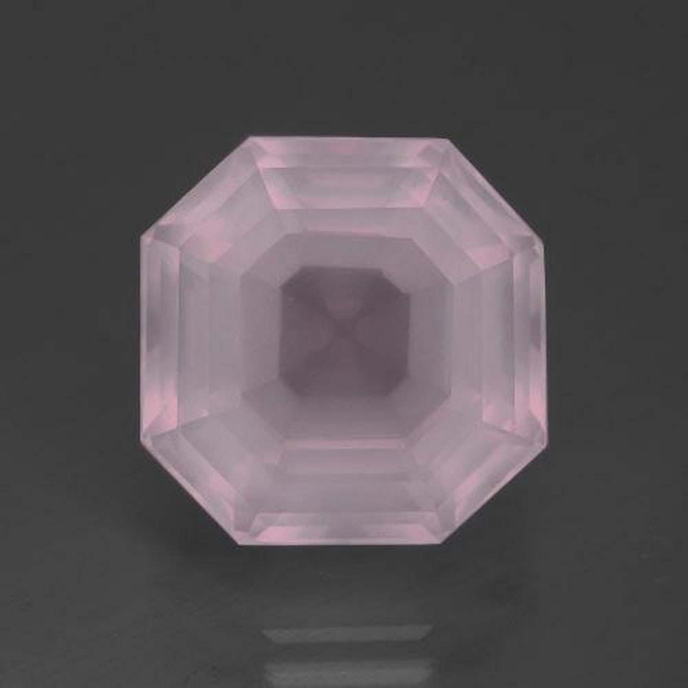 13.89ct Asscher Cut Pink Rose Quartz Gemstone: 13.89ct Asscher Cut Pink Rose Quartz Gemstone 14.68 x 14.61 x 10.61mm natural bubblegum-pink Rose Quartz in Asscher cut shape. The gemstone was mined in South Africa and has a finished weight of 13.89