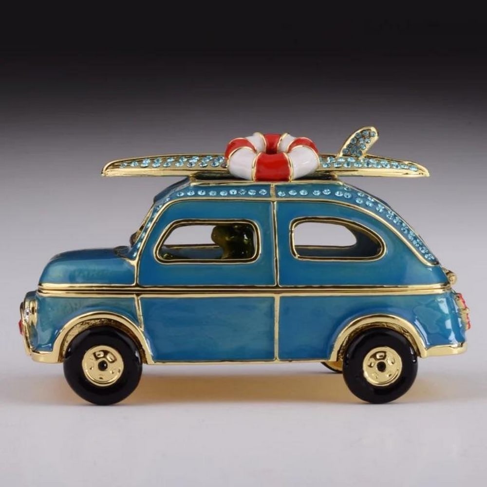 Blue Surfing Car with Surfboard Trinket Box: Blue Surfing Car with Surfboard Trinket Box Enamel Painted Trinket Box Decorated with Austrian Crystals • Plated with 24K gold. • Each crystal is handpicked and artistically placed on the
