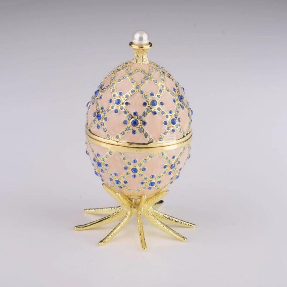 Pink Faberge Egg with Clock Inside: Pink Faberge Egg with Clock Inside Enamel Painted Trinket Box Decorated with Austrian Crystals • Plated with 24K Gold or 925 Silver. • Each crystal is handpicked and artistically placed on e
