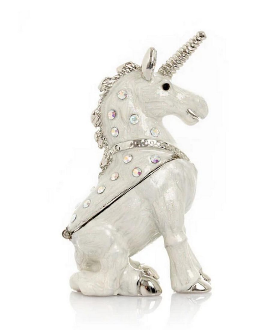 Snowfall Unicorn Trinket Box: Snowfall Unicorn Trinket Box This splendid handmade White Unicorn trinket box is a unique, one-of-a-kind piece designed for art lovers inspired by beauty. Plated with 925 silver and featuring an impri