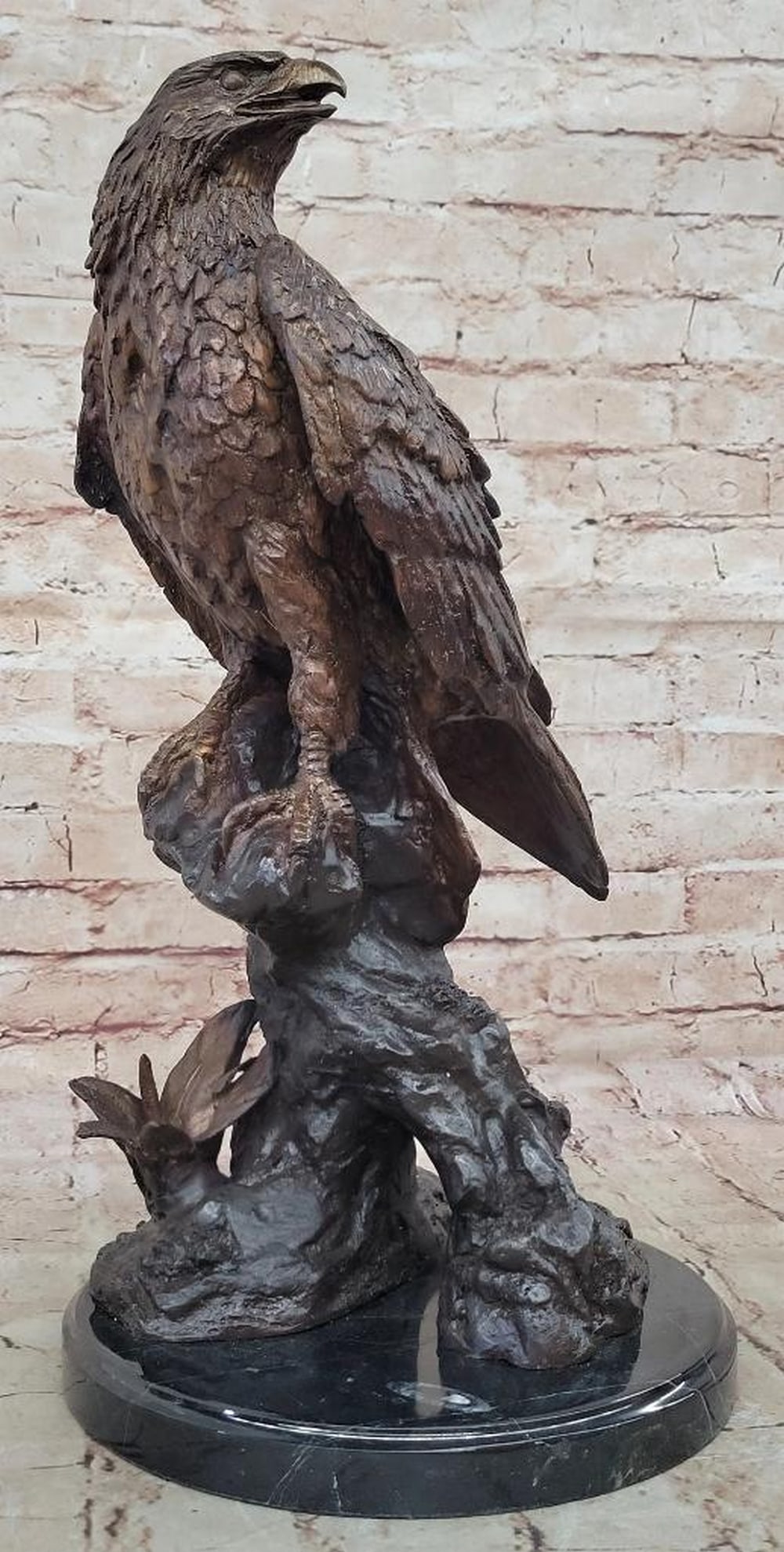 Two-Tone American Bald Eagle Bronze Sculpture on Marble Base – 18" x 9": Two-Tone American Bald Eagle Bronze Sculpture on Marble Base – 18" x 9" This bronze sculpture depicts a majestic American bald eagle perched on a branch, capturing the bird’s power, grace,