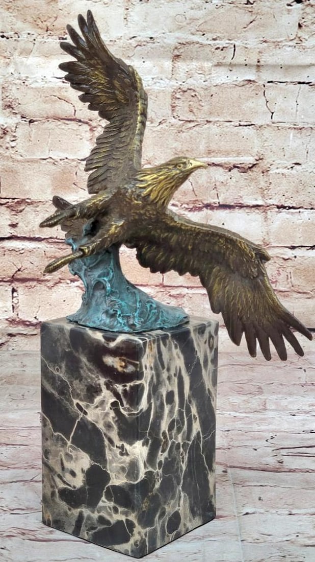 Patina Glazed American Bald Eagle Original Bronze Statue - 12" x 10": Patina Glazed American Bald Eagle Original Bronze Statue - 12" x 10" This striking bronze statue features an American Bald Eagle in mid-flight, with wings fully extended, capturing the essence