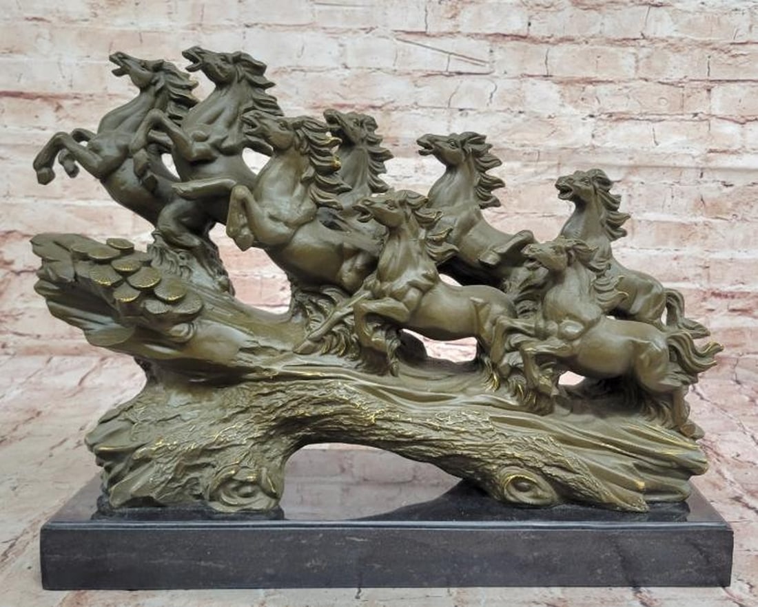 Galloping Freedom: Eight Running Horses Bronze Sculpture: Galloping Freedom: Eight Running Horses Bronze Sculpture A powerful celebration of motion and spirit, this bronze sculpture features eight horses galloping in unison, their manes and tails flowing wit