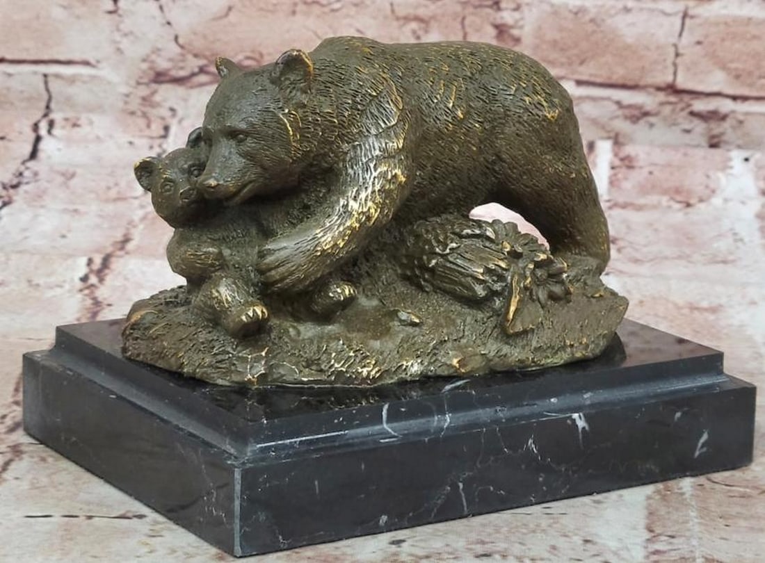 Tender Embrace: Reproduction Bronze Mother Bear and Cub: Tender Embrace: Reproduction Bronze Mother Bear and Cub This exquisite reproduction bronze sculpture beautifully captures a heartfelt moment between a mother bear and her cub nestled amidst a textured