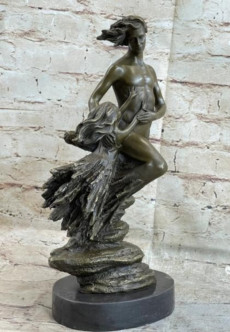 Lifted by the Wind: Bronze Sculpture: Lifted by the Wind: Bronze Sculpture Poetic and weightless, this bronze sculpture, bearing the signature of artist Aldo Vitaleh, depicts a moving scene of human connection and transcendence. A man app