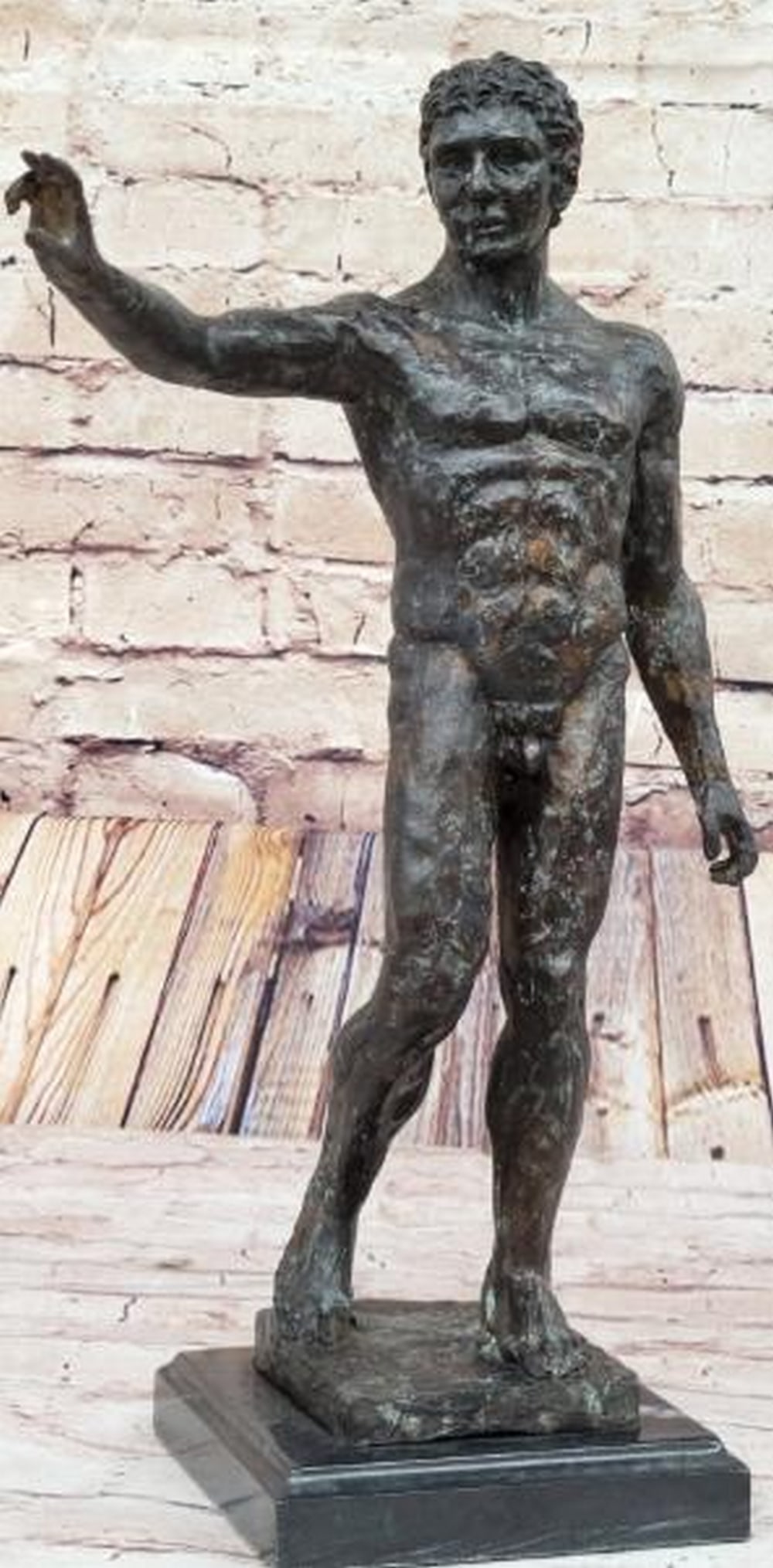 Desperate Reach Reproduction Bronze Sculpture: Desperate Reach Reproduction Bronze Sculpture This striking reproduction bronze sculpture portrays a nude man caught in a moment of raw emotion, his body marked by rugged, uneven contours that speak t
