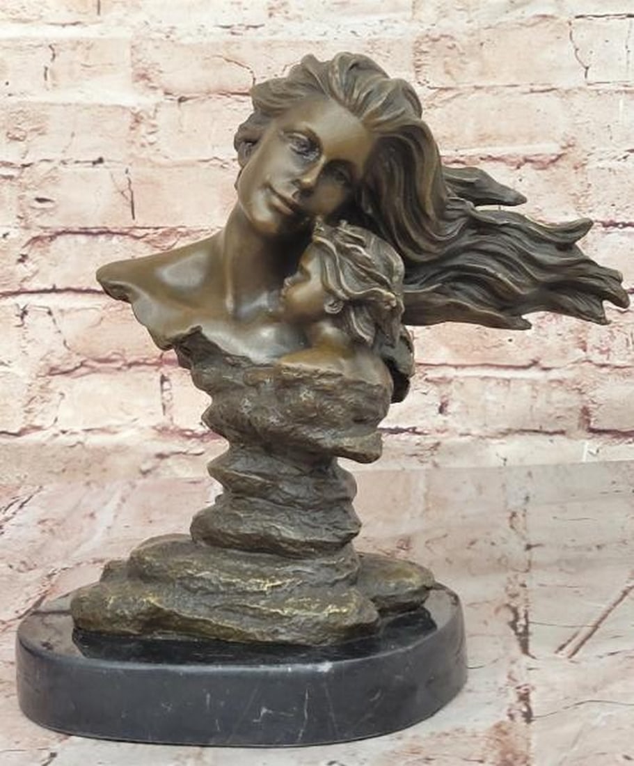 Windswept Devotion Bronze Mother and Child Bust: Windswept Devotion Bronze Mother and Child Bust A tender and emotive bronze bust sculpture depicting a mother and child in an intimate, windswept moment. Cast in rich bronze and bearing the signature 