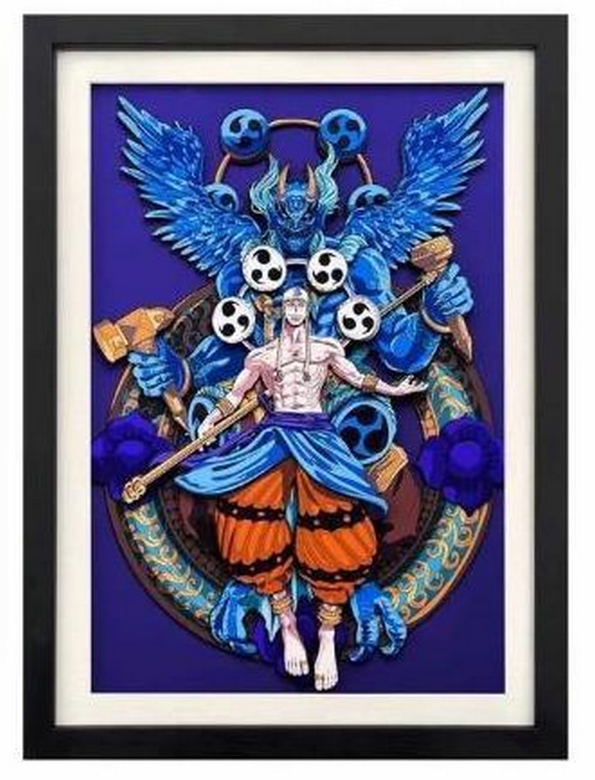 God Enel 3D Paper Art in Black Frame: God Enel 3D Paper Art in Black Frame Channel the raw power of Skypiea’s thunderous ruler with this electrifying 3D Paper Art featuring Enel from One Piece. Captured in striking detail with his signa