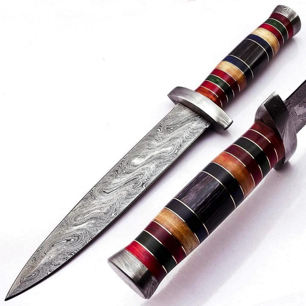 Exotic Inlaid Handle Damascus Spear Point Hunting Knife With Damascus Guard: Exotic Inlaid Handle Damascus Spear Point Hunting Knife With Damascus Guard. Damascus Steel Blade with 256 Layers. HARDNESS 56-60 H R C View Photos For Further Details.