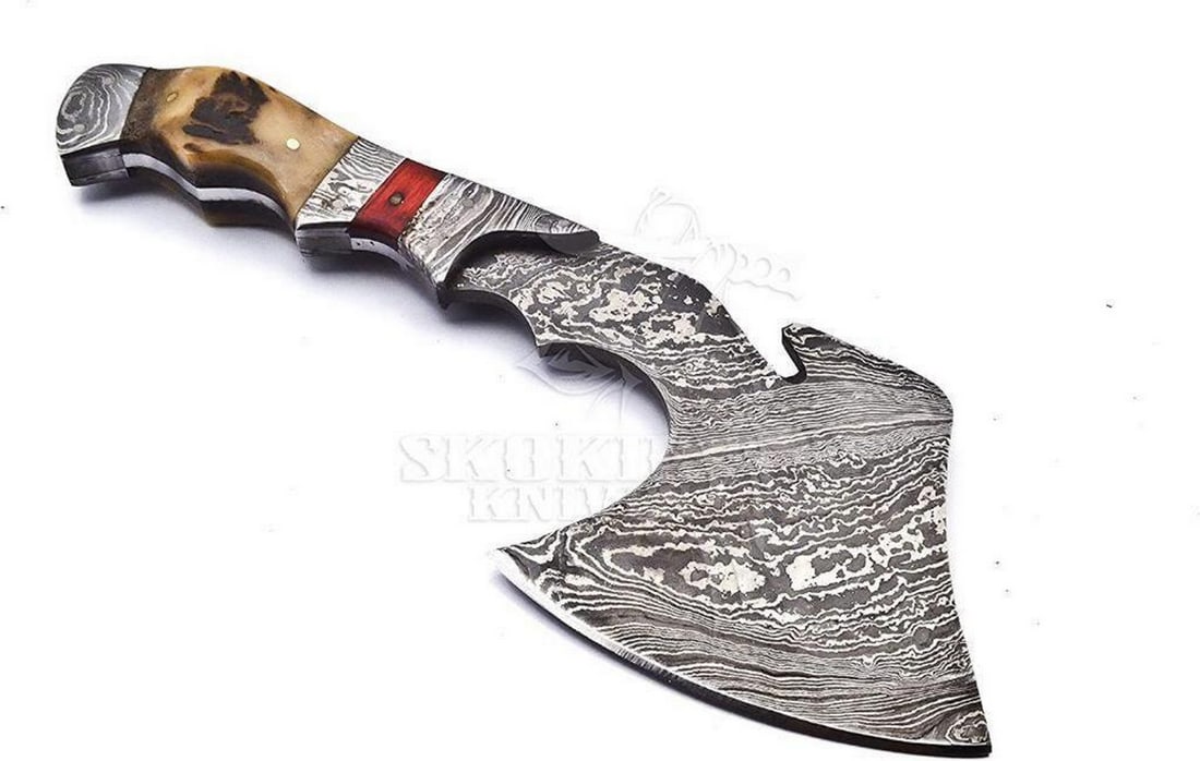 Woodsman Full Tang Damascus Bone Handled Hunting: Woodsman Full Tang Damascus Bone Handled Hunting Hatchett Damascus Steel Blade with 256 Layers. HARDNESS 56-60 H R C View Photos For Further Details.
