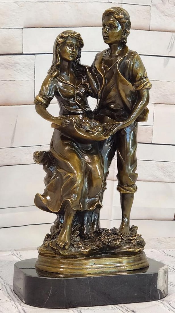 Cesaro Romantic Farm Couple Original Bronze Sculpture - 14" x 7": Cesaro Romantic Farm Couple Original Bronze Sculpture - 14" x 7" This bronze sculpture depicts a farm couple in a composed, narrative scene that reflects themes of partnership and rural life. 