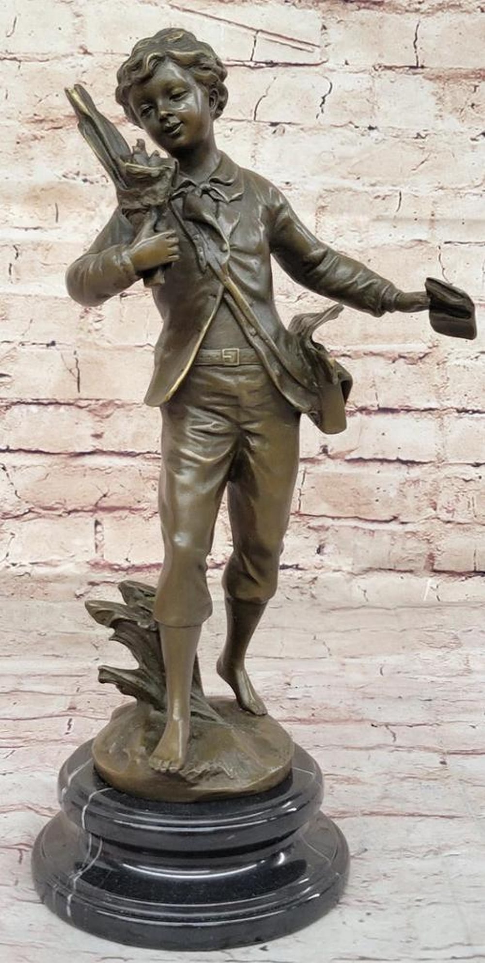 Innocence Unveiled: Bruchon Fabulous French Inspired Bronze Statue of a School Boy - 14.5" x 7": Innocence Unveiled: Bruchon Fabulous French Inspired Bronze Statue of a School Boy - 14.5" x 7" Delight in the enchanting aura emanating from Bruchon Sculpture's Fabulous French bronze sta
