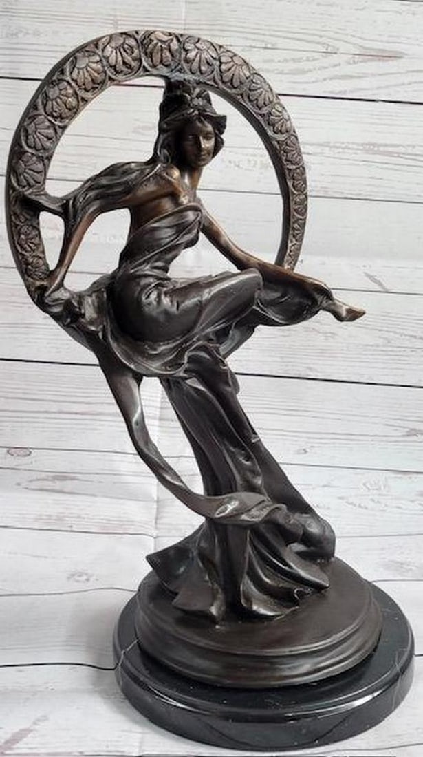 Girl Sitting on the Moon Bronze Statue Sculpture Art Deco Nouveau 17" x 10": Girl Sitting on the Moon Bronze Statue Sculpture Art Deco Nouveau 17" x 10" Immerse yourself in the enchanting presence of the Dream Goddess, a captivating bronze sculpture that exudes an aura